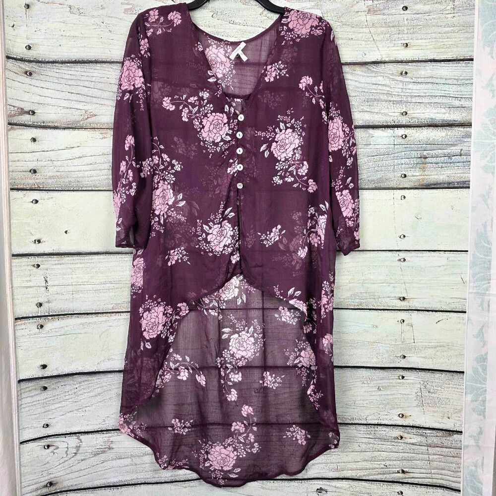 Maurices Sheer Floral Hi Low Tunic Womens L Purple